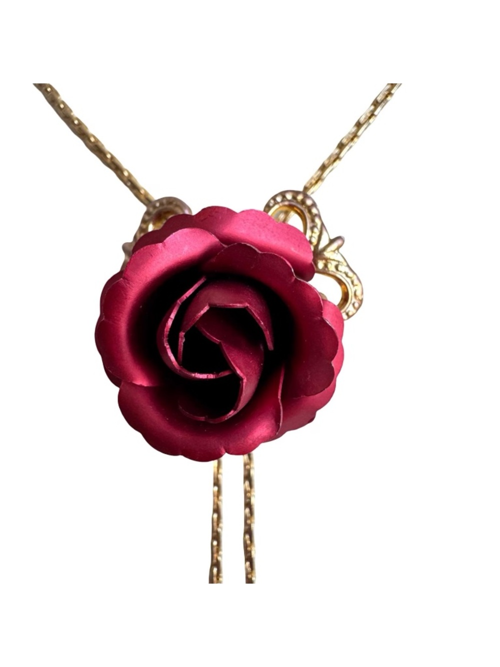 Vintage Red Rose Bolo Tie Lariat Necklace Gold Tone Chain Floral Pendant Jewelry - Picture 3 of 16